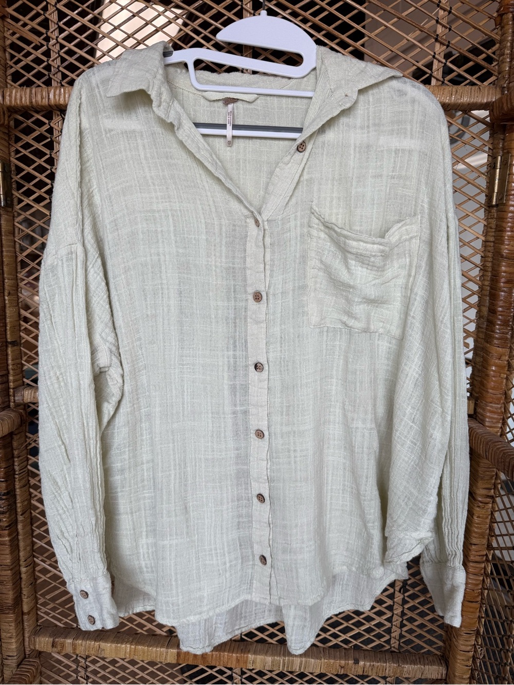 Free People Pale Sage Green Gauze Button Front Shirt XS Boho Cotton Blend